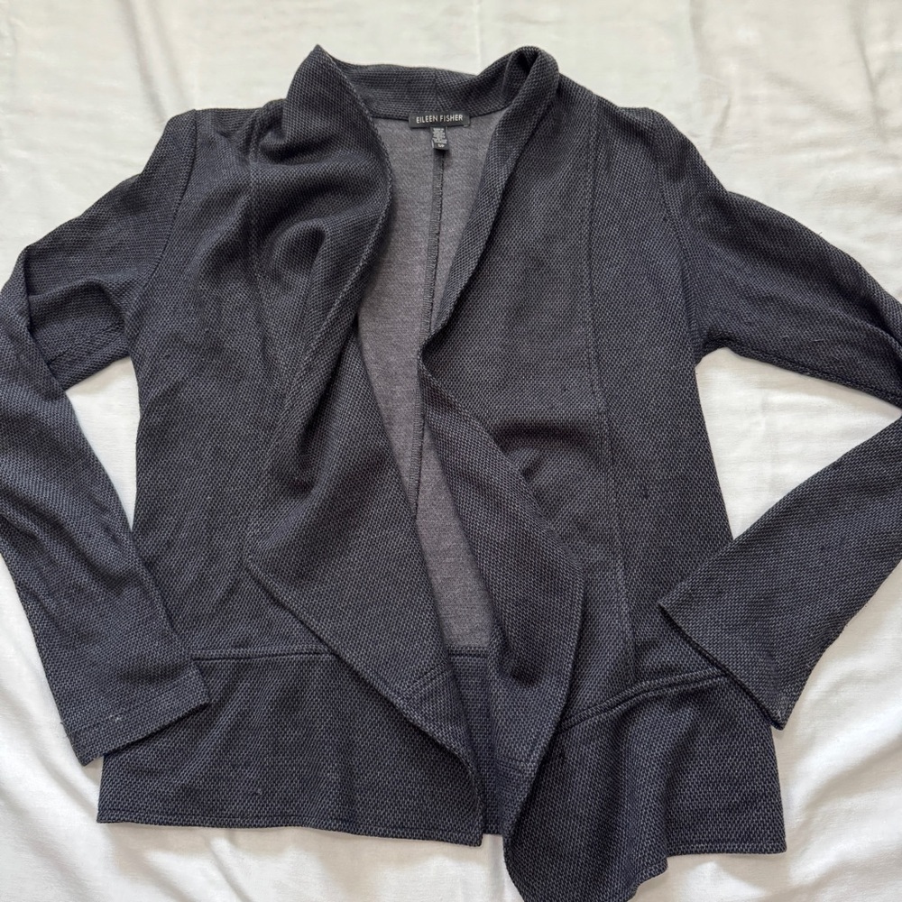Eileen Fisher Small Charcoal Gray Open Front Cardigan Lightweight Blazer Minimal